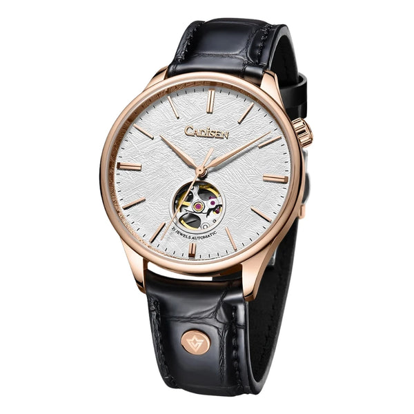 Relógio CADISEN Arcturus Ivory automático com mostrador branco marfim, caixa rosé e pulseira preta de couro legítimo