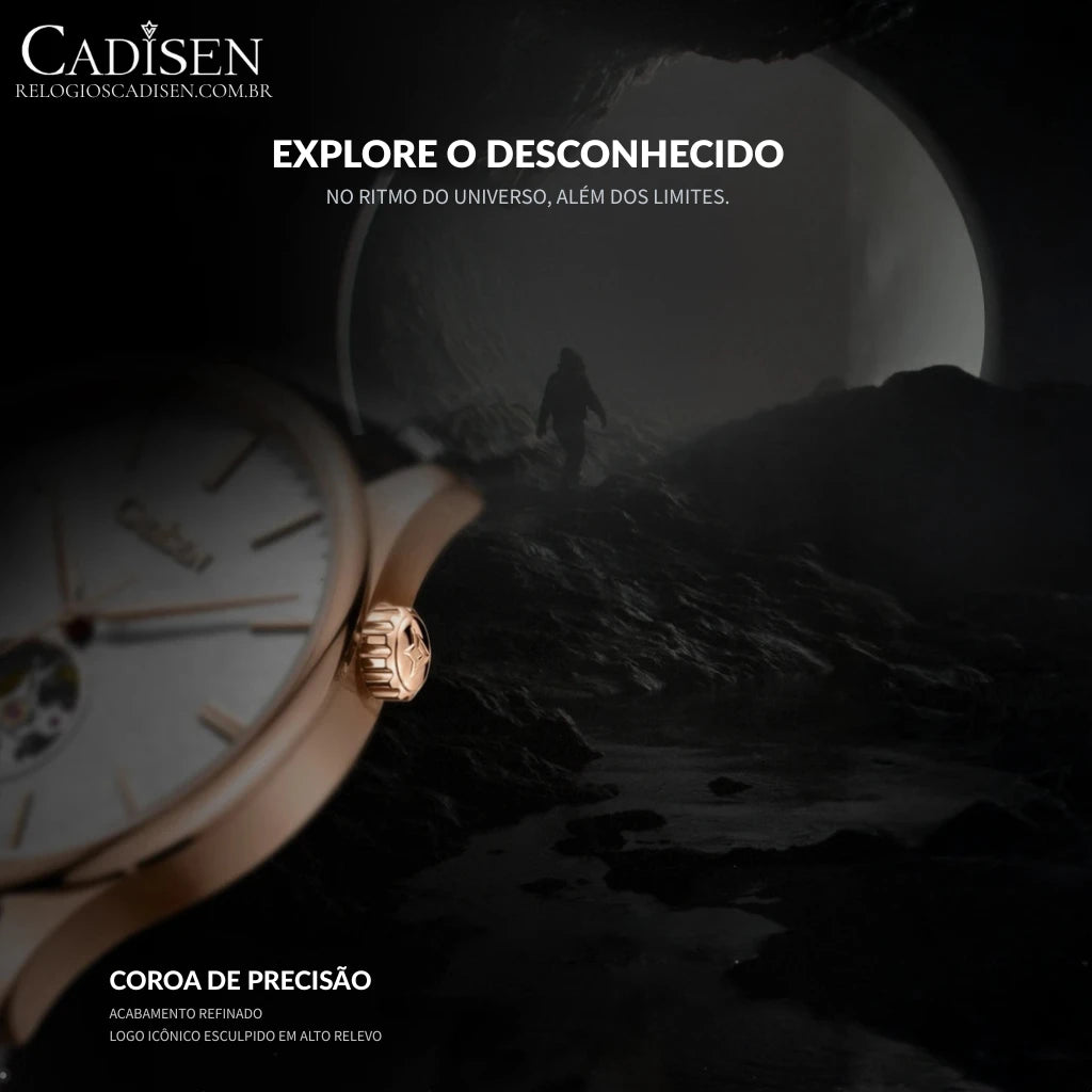 Coroa do relógio CADISEN com acabamento refinado, inspirada no espírito explorador e visual cósmico