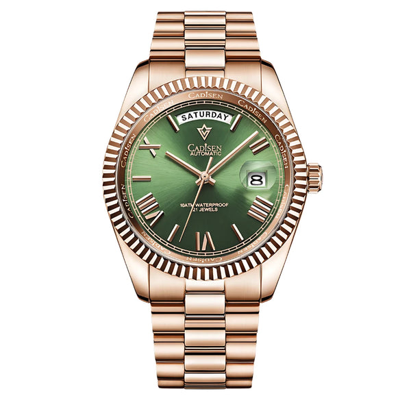 Relógio automático rosé Cadisen Imperial com mostrador verde e pulseira de aço.