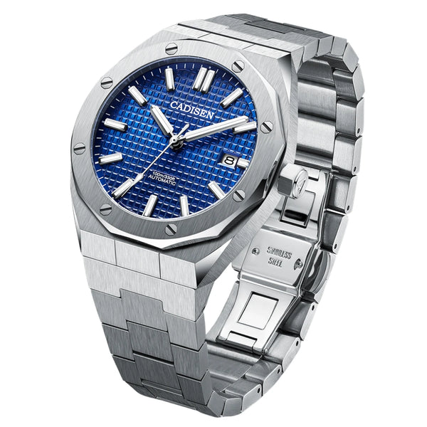 Relógio automático masculino Cadisen RoyalCraft Blue com mostrador azul texturizado e pulseira de aço.