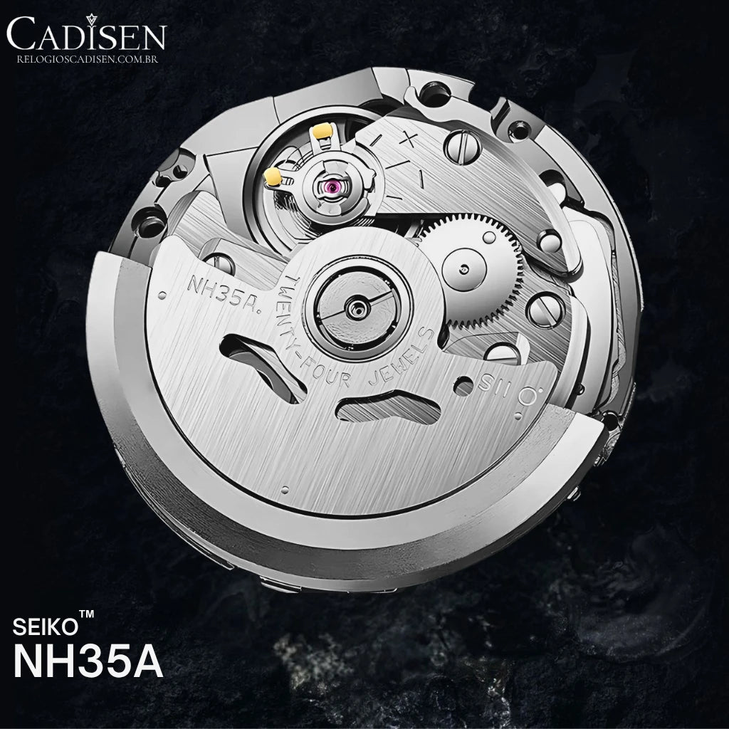 Mecanismo do movimento automático Seiko NH35A usado nos relógios Cadisen RoyalCraft.