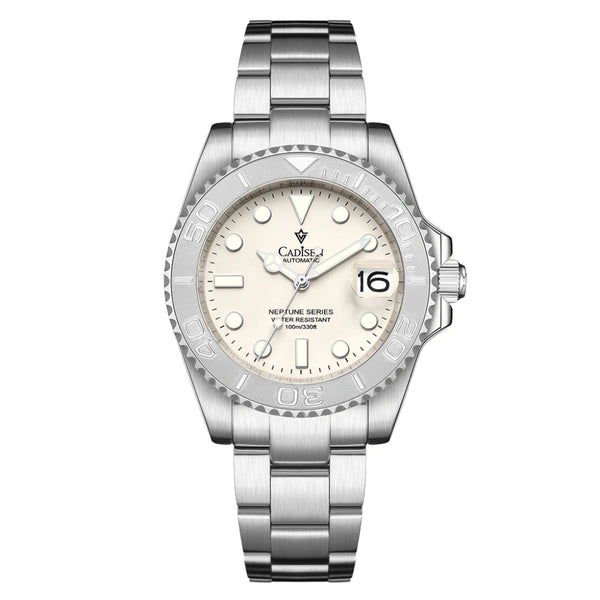 Relógio Cadisen Neptune Europa com mostrador branco-gelo, bezel de aço e pulseira de aço inoxidável 316L. Foto principal do produto em fundo branco.