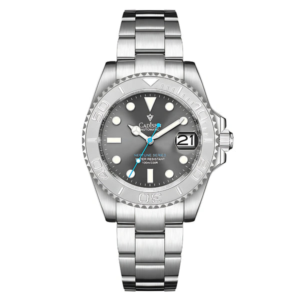 Relógio Cadisen Neptune Proteus com mostrador cinza-grafite, ponteiro de segundos azul e pulseira de aço inoxidável 316L. Foto principal do produto.