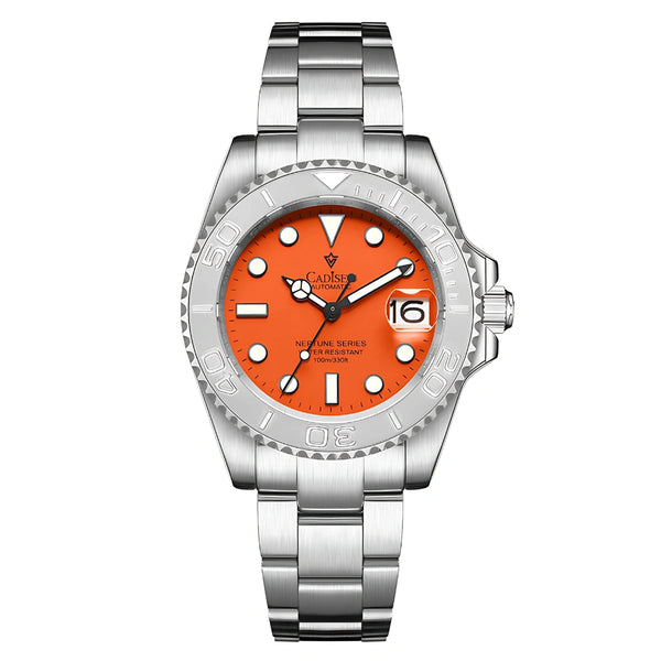 Relógio Cadisen Neptune Titan com mostrador laranja vibrante, bezel de aço e pulseira de aço inoxidável 316L. Imagem principal do produto com fundo branco.