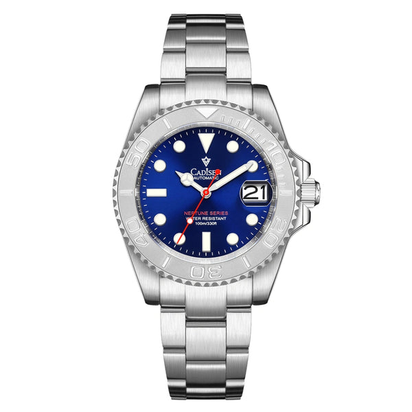 Relógio Cadisen Neptune Triton com mostrador azul vibrante, bezel de aço escovado e pulseira de aço inoxidável 316L. Vista frontal do produto em fundo branco.